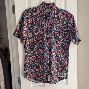 RSVLTS Navy Short-Sleeve Button-Down with Multicolor Floral & Bird Print